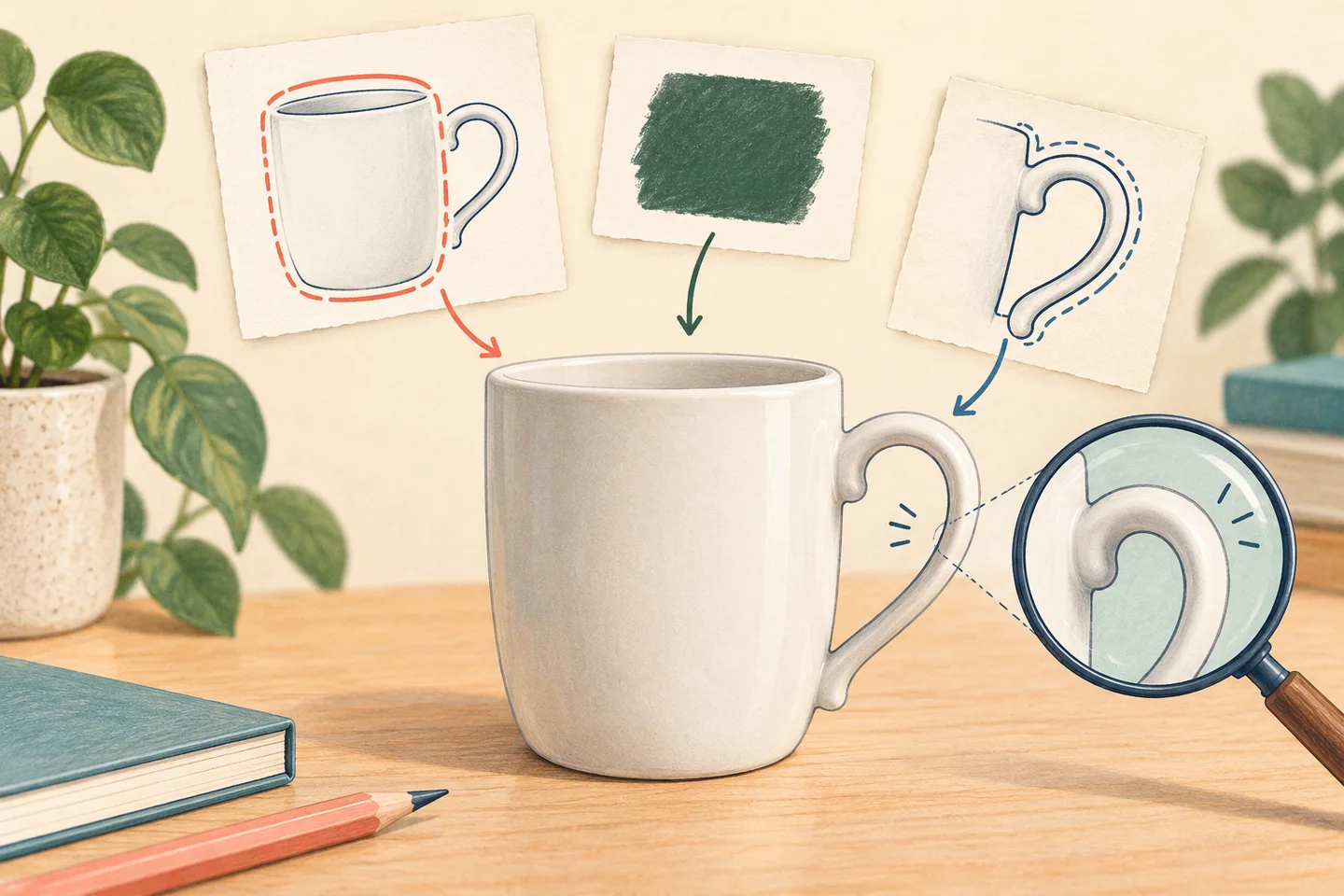 Illustrated ceramic mug with cards showing a selected body area, a green color swatch, and a handle detail to preserve